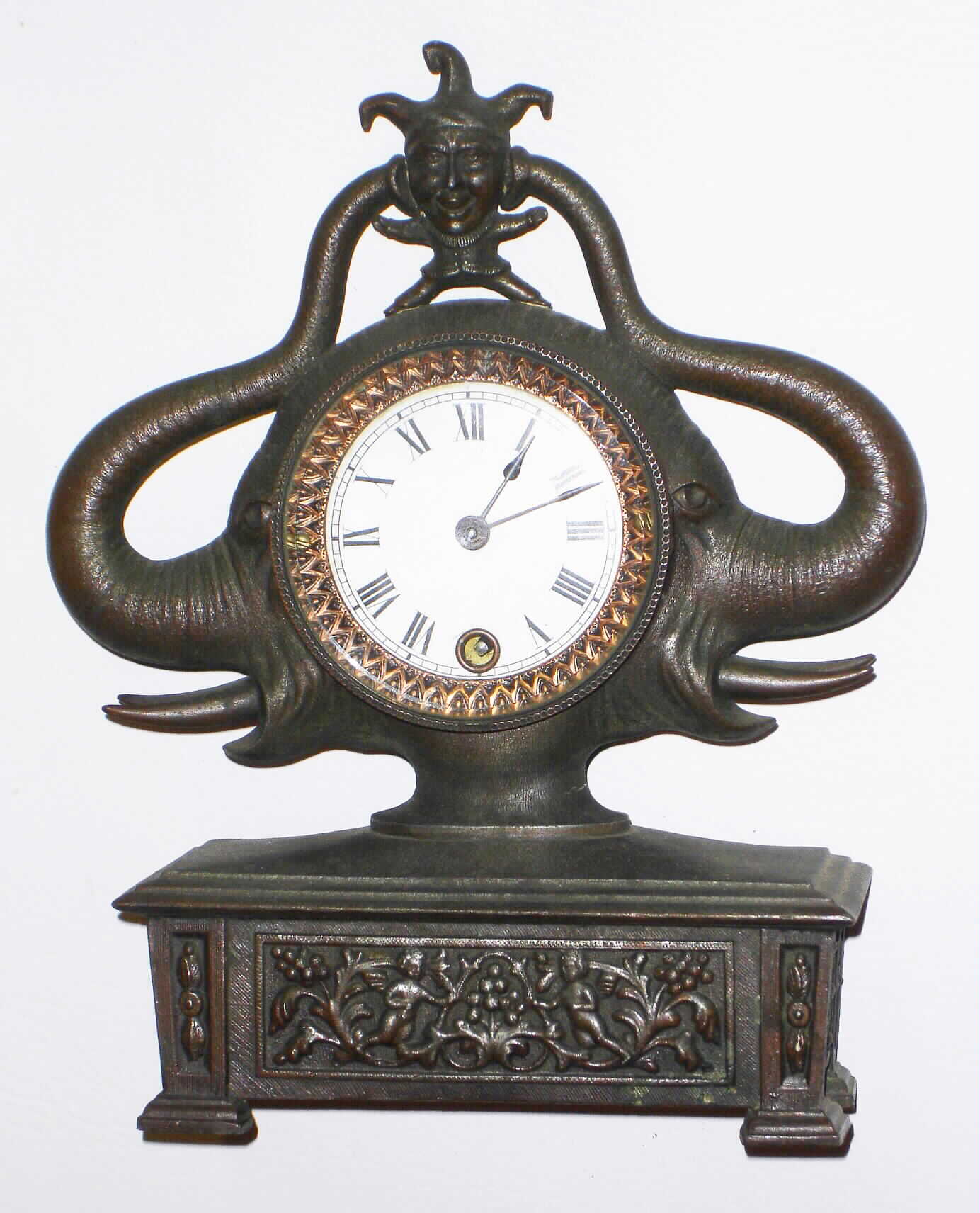 Waterbury Clock Co., Waterbury, Conn., "Congo" 30 hour time and strike "Oxidized Silver" novelty clock, c1891 — Antique Clocks Price Guide
