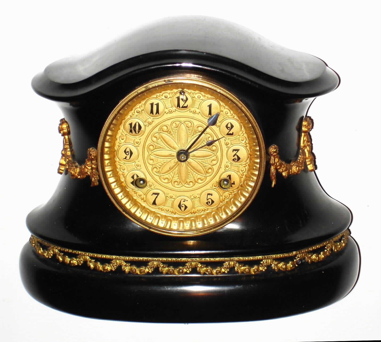Waterbury Clock Co., Waterbury, Conn., enameled iron 8 day, time and strike mantel clock, c1893 — Antique Clocks Price Guide