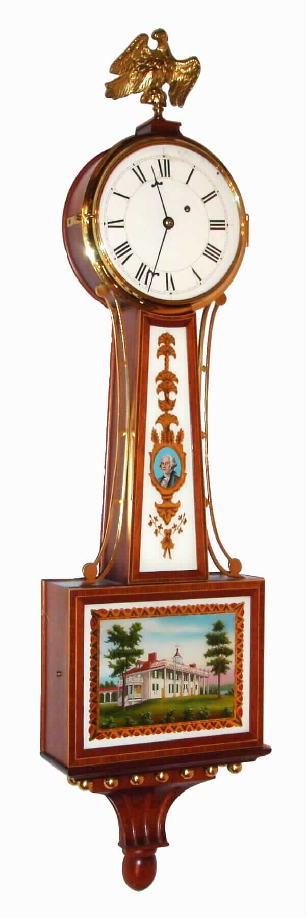 Foster Campos, Pembroke, Mass., 8 day Banjo or Patent time piece in a banded and inlaid mahogany case with reverse painted tablets, signed on the movement, case and weight, stamped no. 50 and made in 1979. — Antique Clocks Price Guide