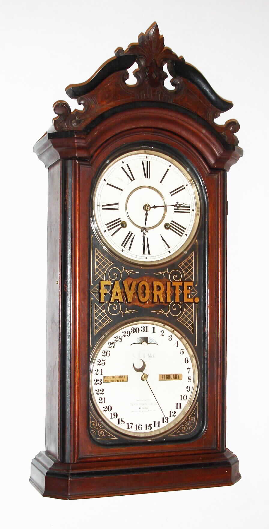 Ithaca Calendar Clock Co., Ithaca, NY, "No. 4 1/2 Favorite", Double dial , time and strike, calendar clock, c1880 — Antique Clocks Price Guide