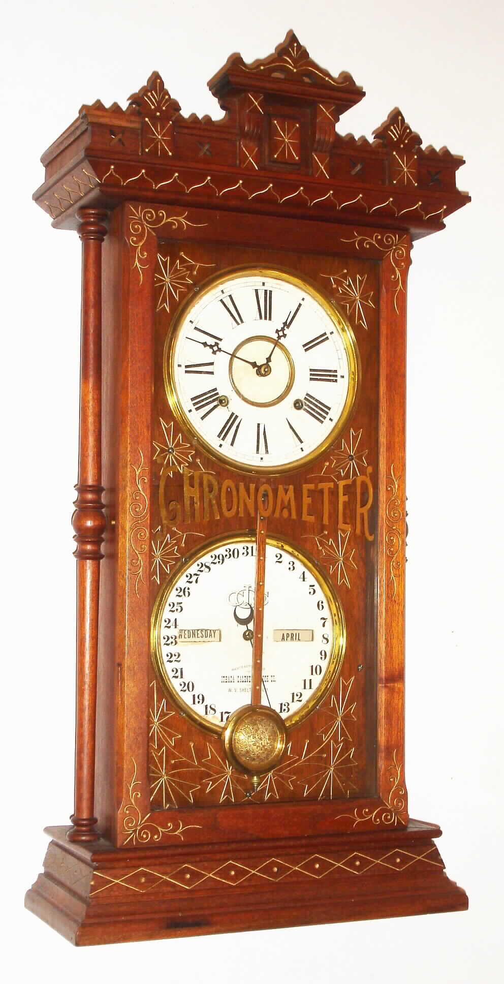 Ithaca Calendar Clock Co., Ithaca, NY, "Chronometer", 8 day, time and strike, double dial calendar clock, c1880. — Antique Clocks Price Guide