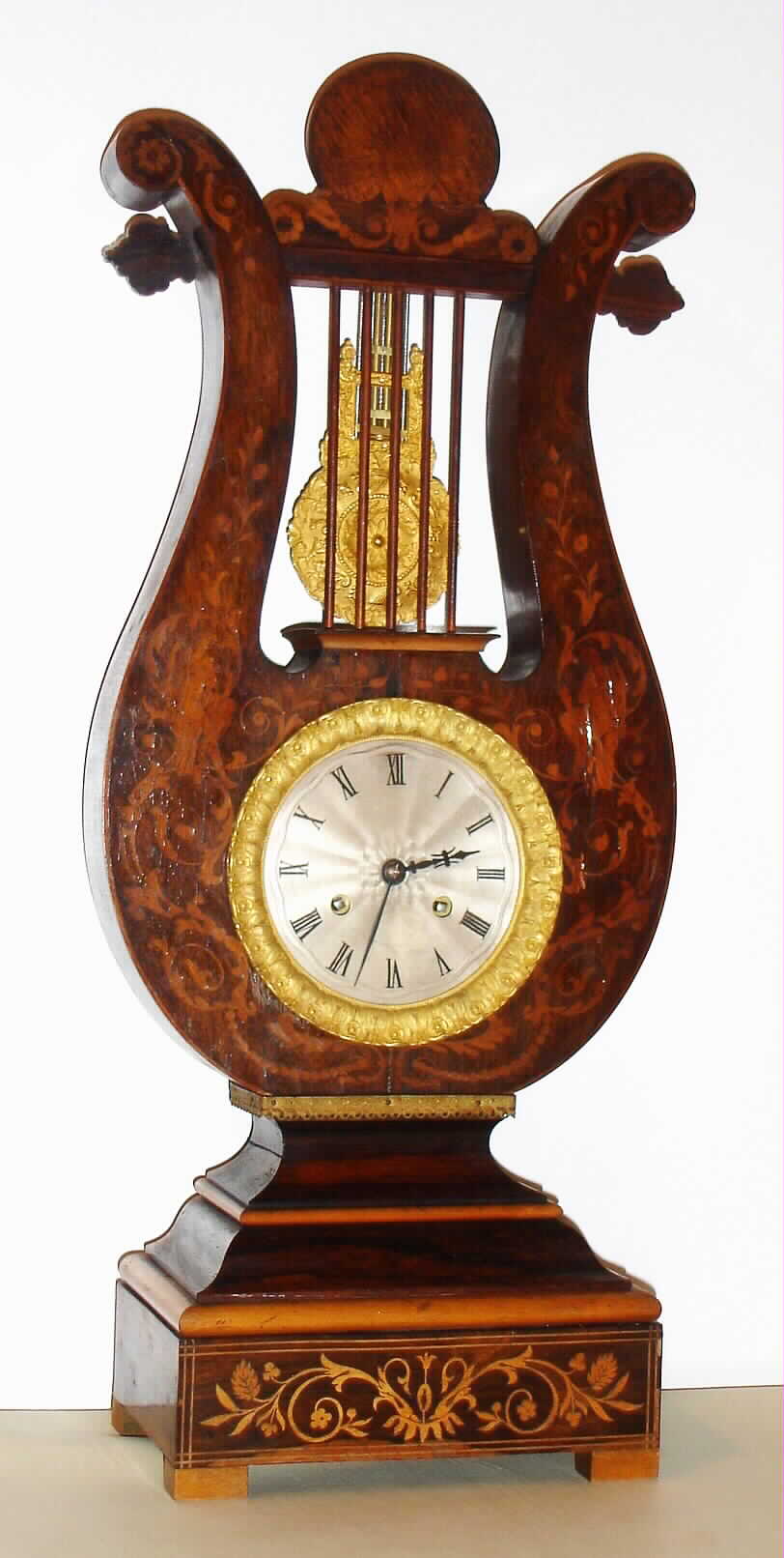 French, lyre form marquetry inlayed , 8 day, time and strike, mantel clock, c1880. — Antique Clocks Price Guide