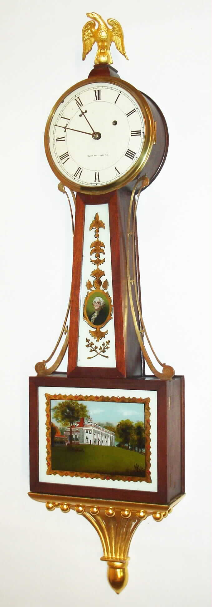 Waltham Clock Co., "Banjo or Patent" wall time piece, 8 day, weight driven movement retailed by Smith Patterson Co, c1920 — Antique Clocks Price Guide