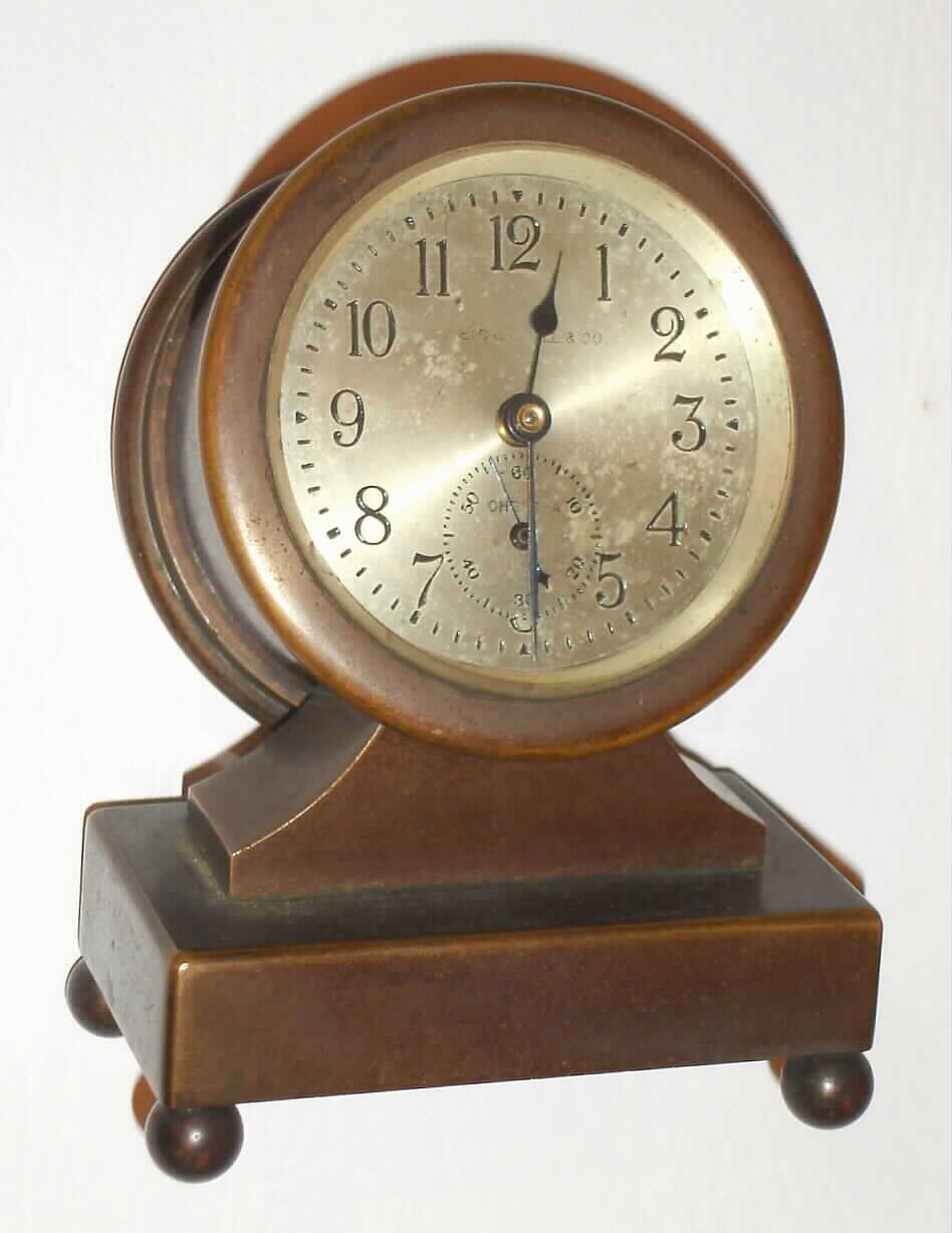 Chelsea Clock Co., Boston, Mass., "Lexington", 8 day desk time piece with a 2 3/4" dial. This model was first offered in 1928 and is similar to the Concord. Serial No. 192932, c1929. — Antique Clocks Price Guide