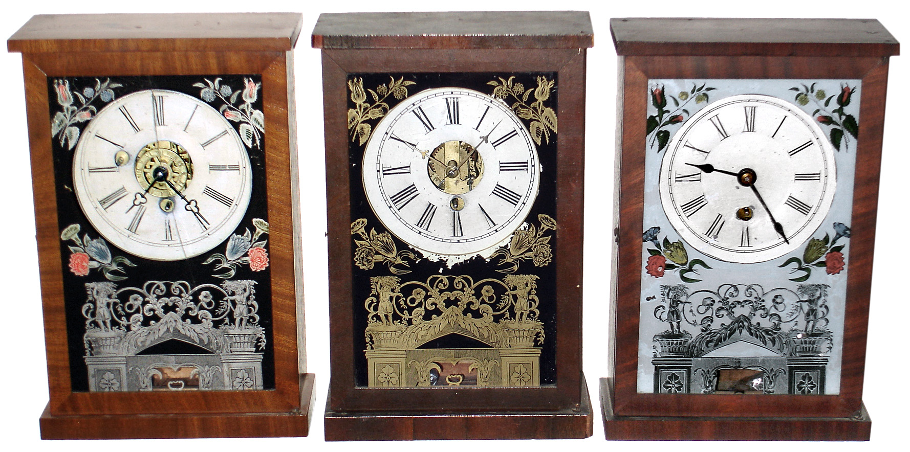 Clocks- 3 (Three) Connecticut 30 hour "cigar box" mahogany time pieces: Beals with alarm; Atkins with black/gold tablet; and unsigned; c1860 — Antique Clocks Price Guide