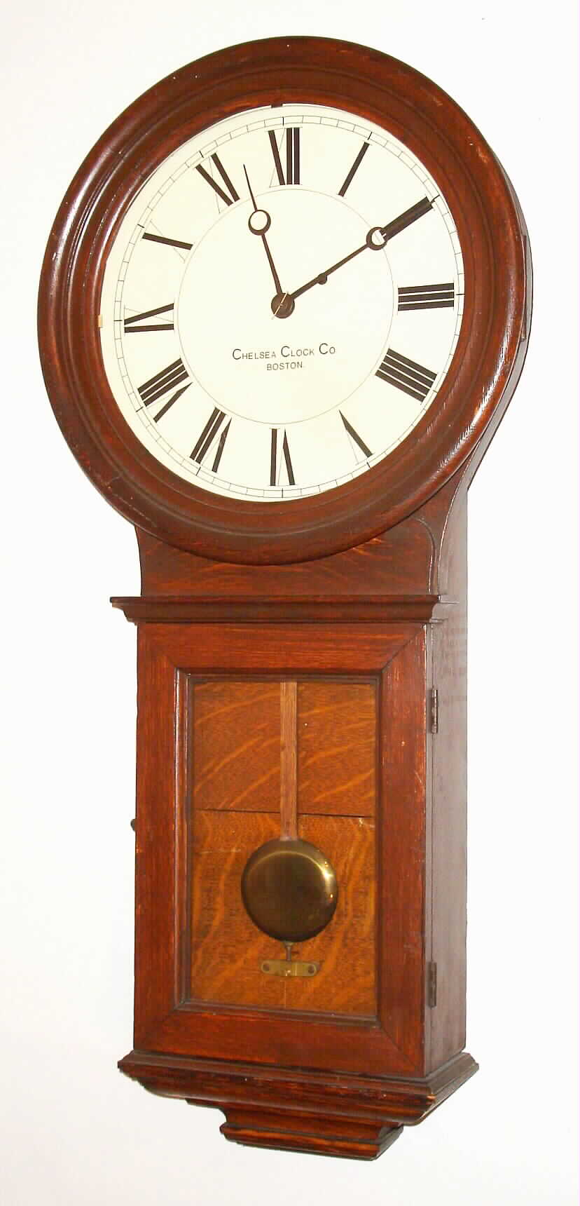 Chelsea Clock Co., Boston, Mass., 8 day, "Pendulum No. 1", 8 day oak case wall time piece. Serial no. 65749, c1912. — Antique Clocks Price Guide