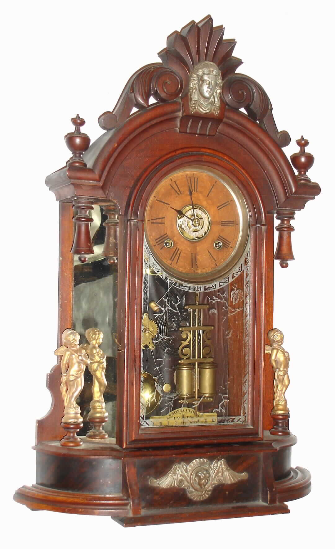 Ansonia Clock Co., "Triumph", 8 day, time and strike,/alarm mirror side mantel clock, c1880 including matching bracket with drawer — Antique Clocks Price Guide