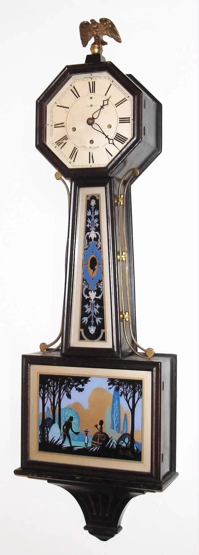 New Haven Clock Co., New Haven, Conn., "Washington Chime", 8 day, time and strike, Westminster chime banjo clock, c1923. — Antique Clocks Price Guide