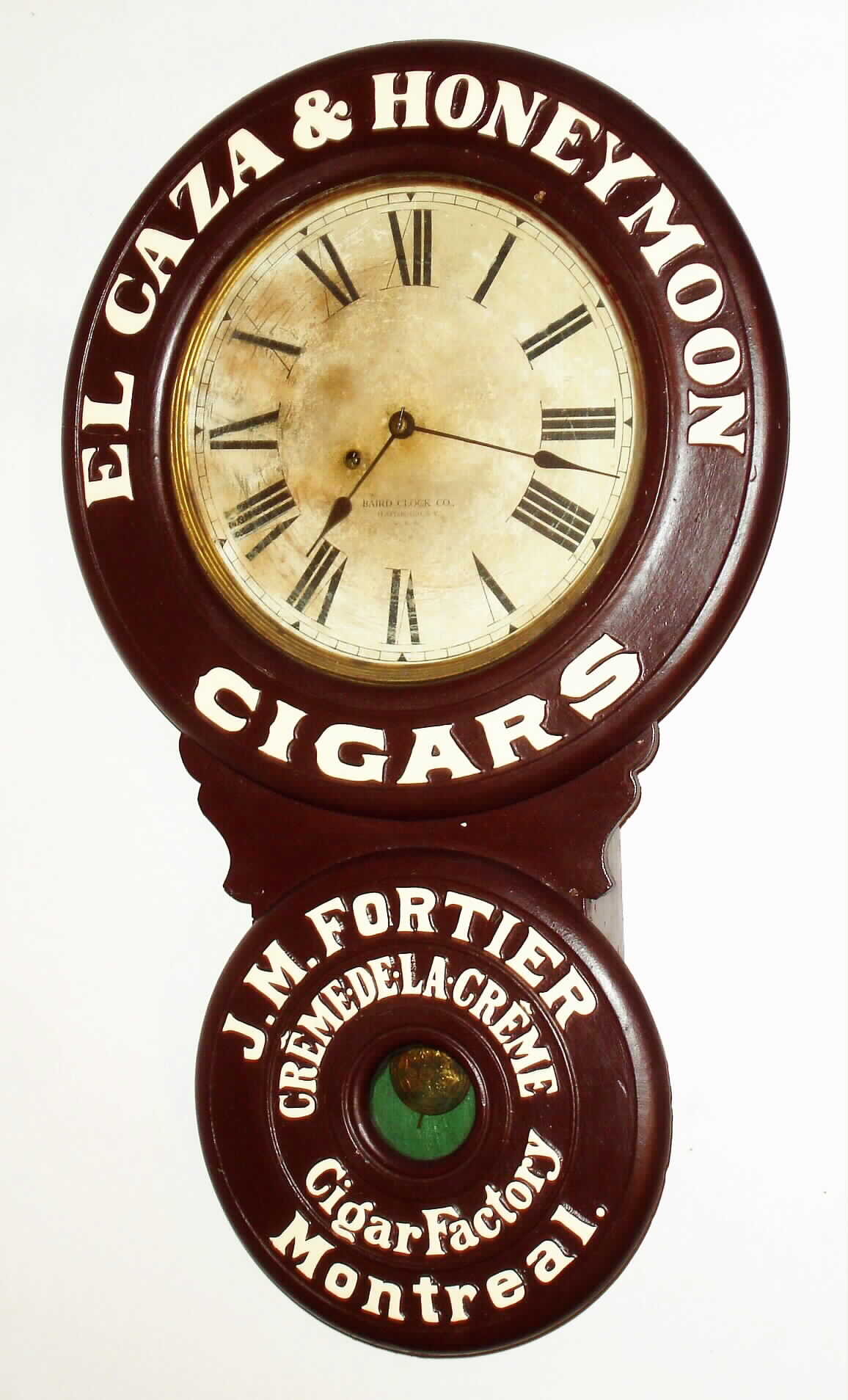 Baird Clock Co., Plattsburg, NY, 8 day advertising time piece for El Caza and Honeymoon Cigars. The movements for these time pieces were supplied by Seth Thomas, c1895. — Antique Clocks Price Guide