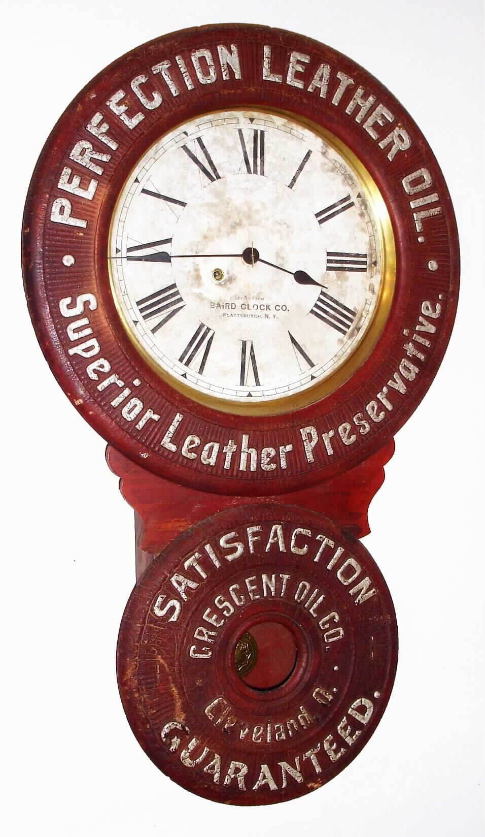 Baird Clock Co., Plattsburg, NY, 8 day advertising time piece for "Perfection Leather Oil". The movements for these time pieces were supplied by Seth Thomas, c1895. — Antique Clocks Price Guide