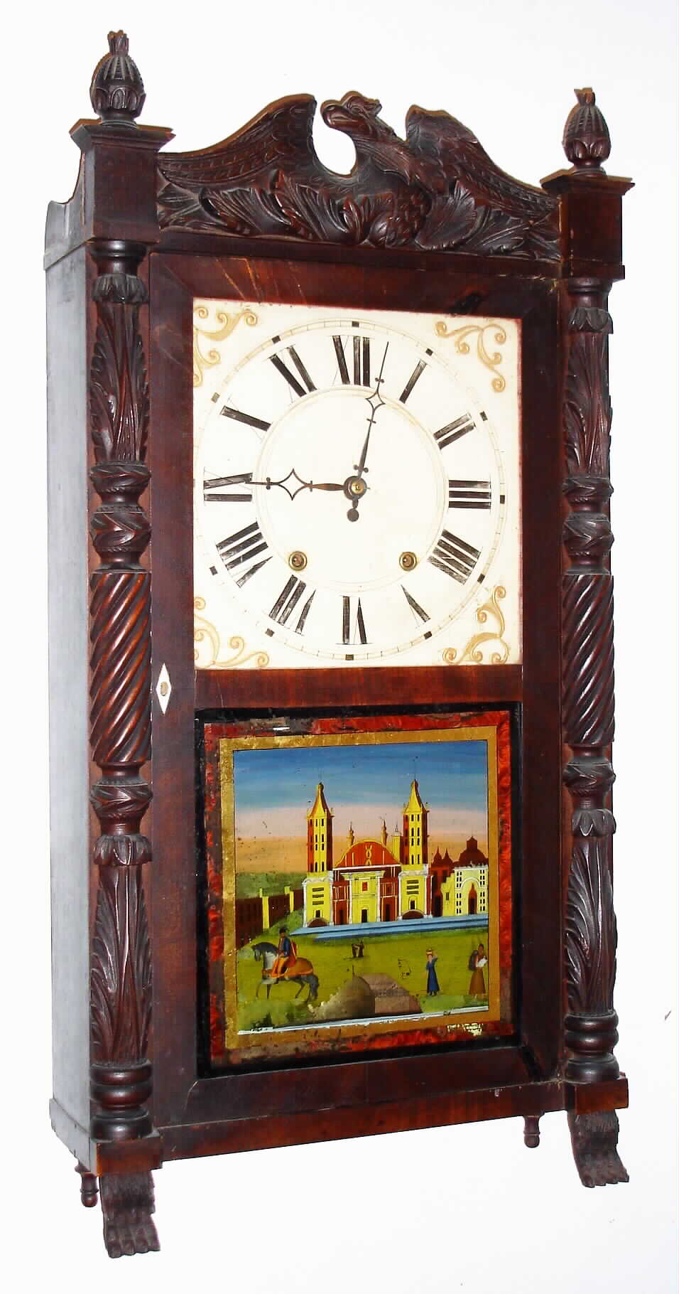 Riley Whiting, Winchester, Conn.. 30 hour, time and strike, wood movement carved column and splat shelf clock, c1830. — Antique Clocks Price Guide