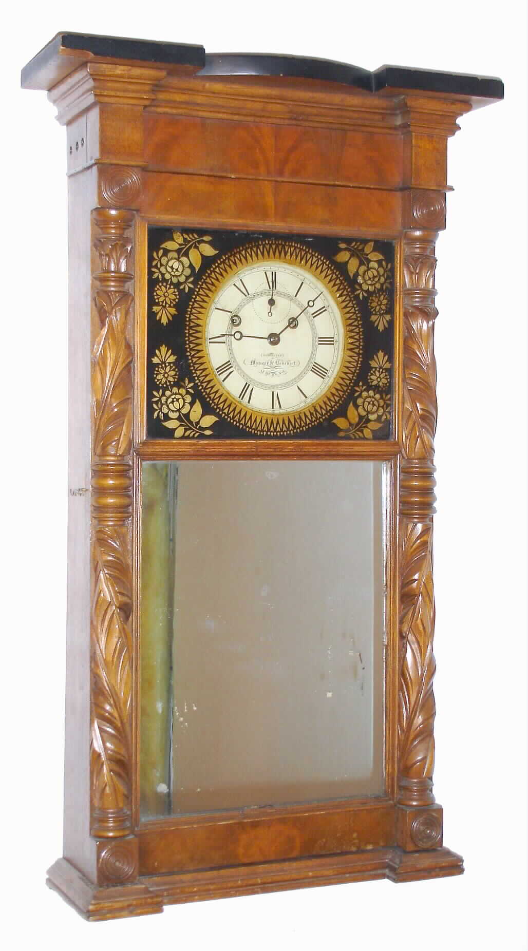 Munger and Benedict, Auburn, NY, 8 day, time and strike, Ironing board top carved column shelf clock, c1832. — Antique Clocks Price Guide