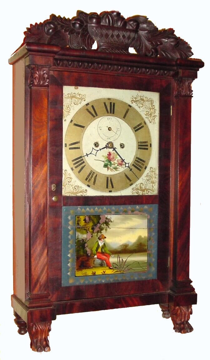 R. E. Northrup, New Haven, 8 day, time and strike, weight Salem Bridge movement shelf clock, c1830. Northrup was a case maker and traded movements for cases from Clark and cased up clocks with his own label. There are also examples of this same case style by Northrup with a wooden movement. This clock was sold at our auction in Oct. 2005, item 334. — Antique Clocks Price Guide