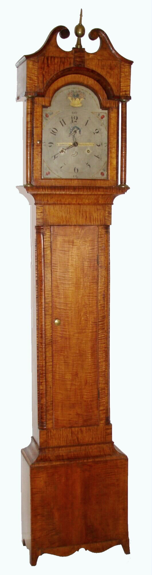 New England tiger maple tall case clock,  c1810, now with period Riley Whiting, Winchester, Conn. 30 hour time and strike wooden works. — Antique Clocks Price Guide