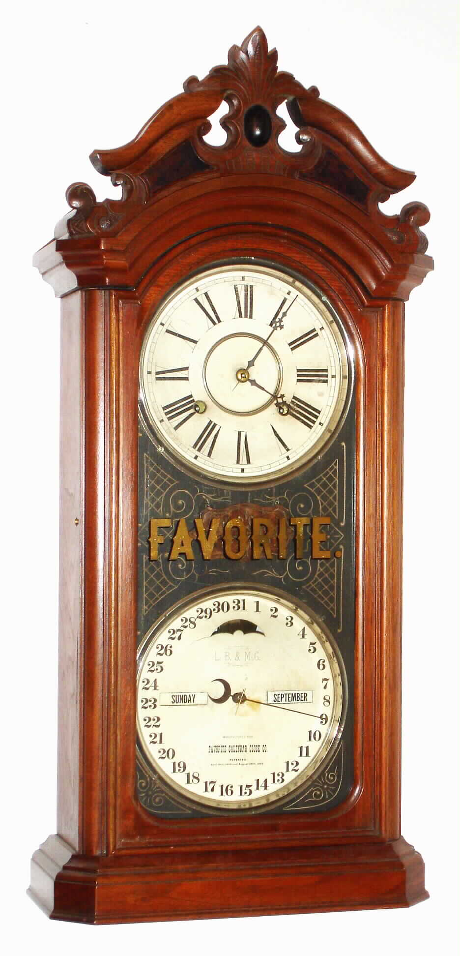 Ithaca Calendar Clock Co., Ithaca, NY, "No. 4 1/2 Favorite" walnut time and strike calendar shelf clock, c1881 — Antique Clocks Price Guide