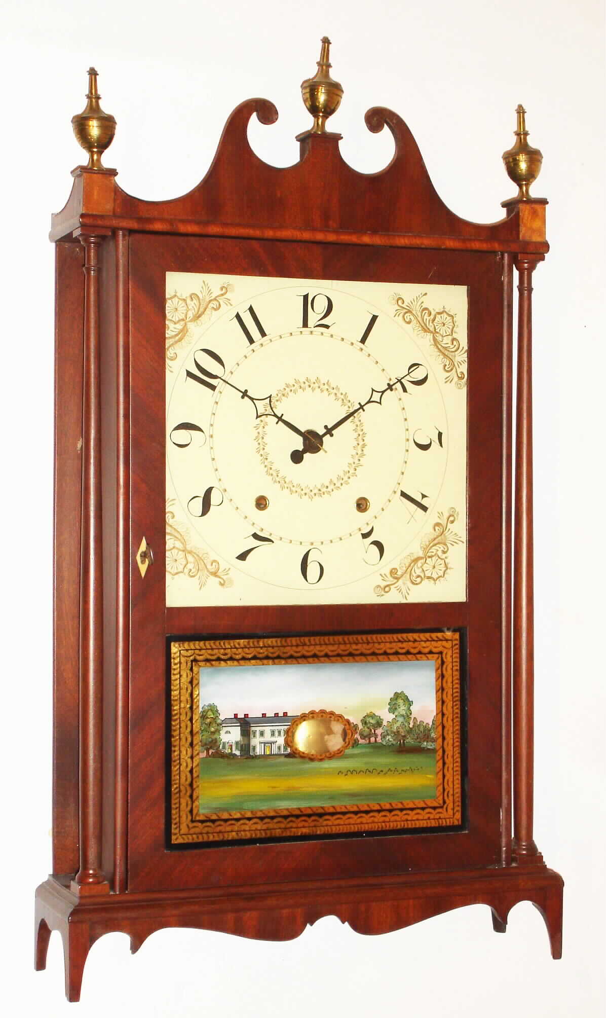 E. Terry and Son, Plymouth, Conn., mahogany 30 hour wooden works pillar and scroll shelf clock, with a differing movement, c1832 — Antique Clocks Price Guide