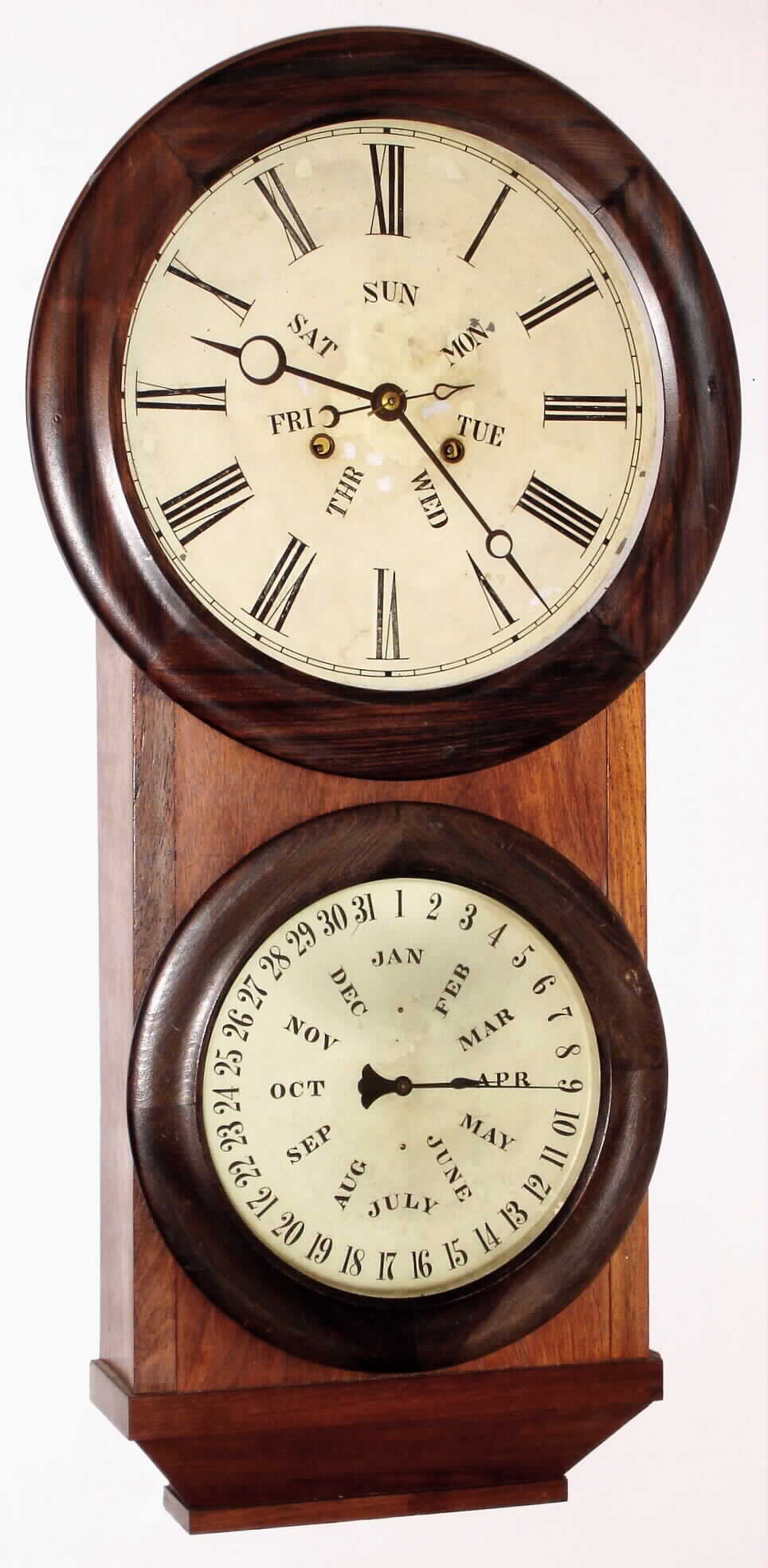 L.F. and W.W. Carter Bristol, Conn., 8 day weight driven wall time piece with Lewis' Perpetual Calendar, c1865 — Antique Clocks Price Guide