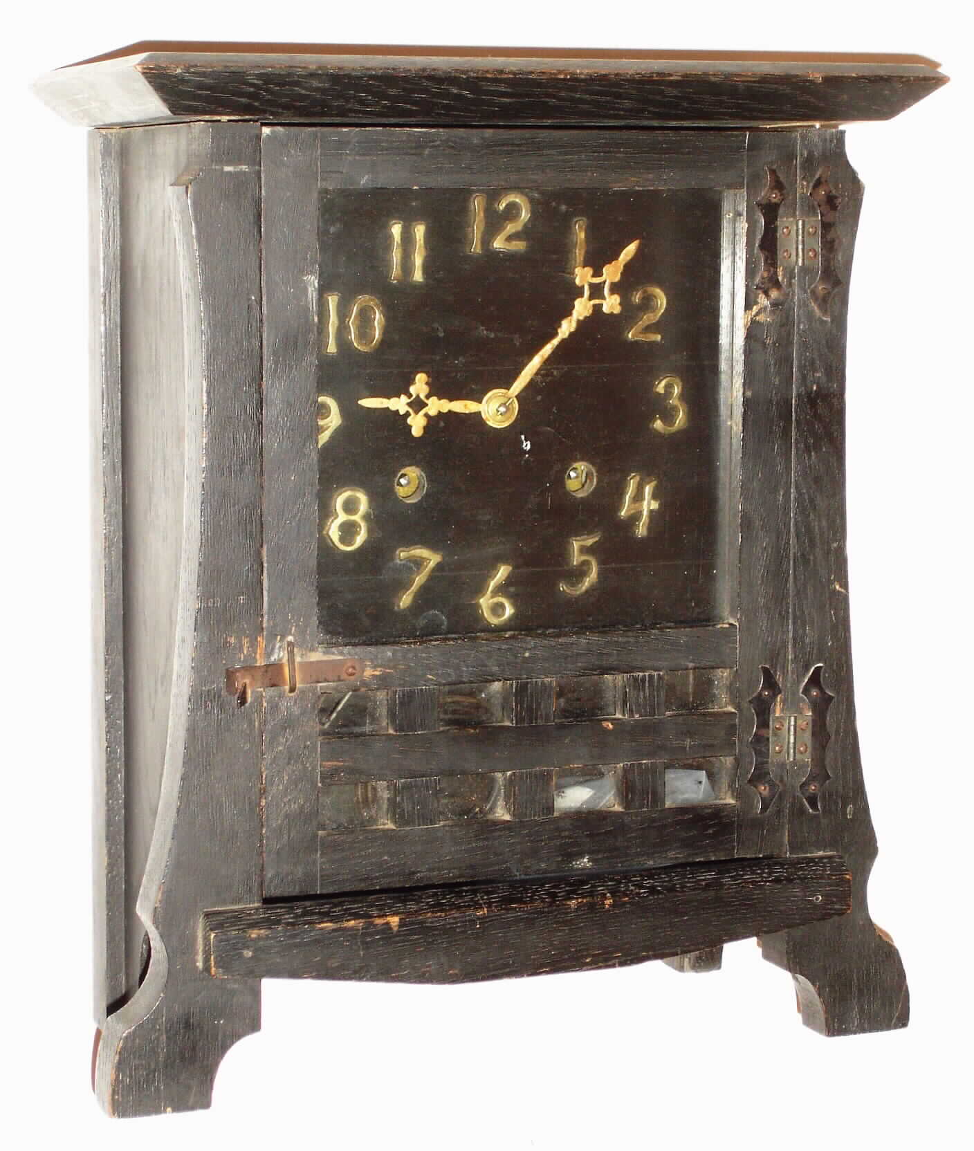 New Haven Clock Co., New Haven, Conn., "Los Santos" dark oak 8 day, time and strike mission mantel clock, c1913 — Antique Clocks Price Guide