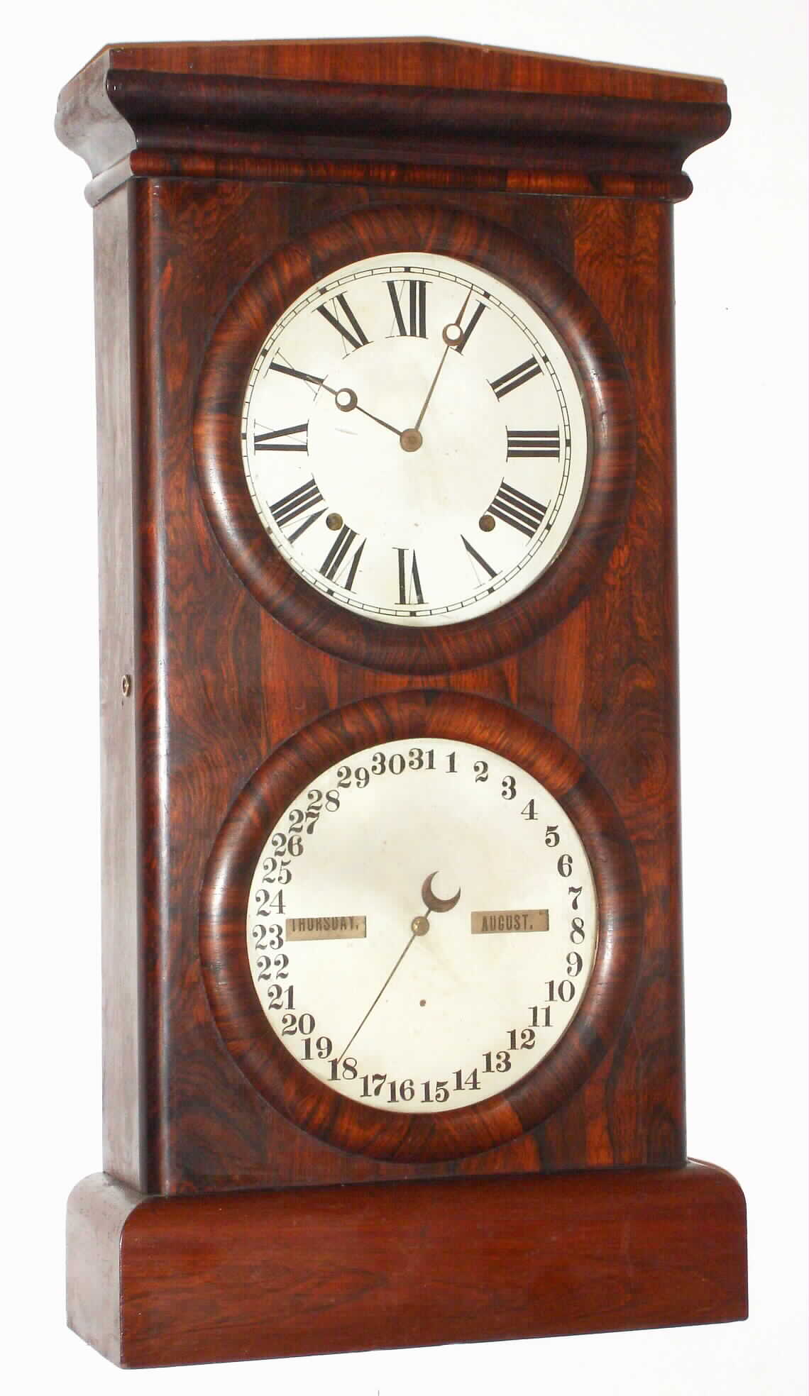 Seth Thomas Clock Co., Thomaston, Conn., "Parlor Calendar No. 3" rosewood 8 day, time and strike double dial shelf clock, c1870 — Antique Clocks Price Guide