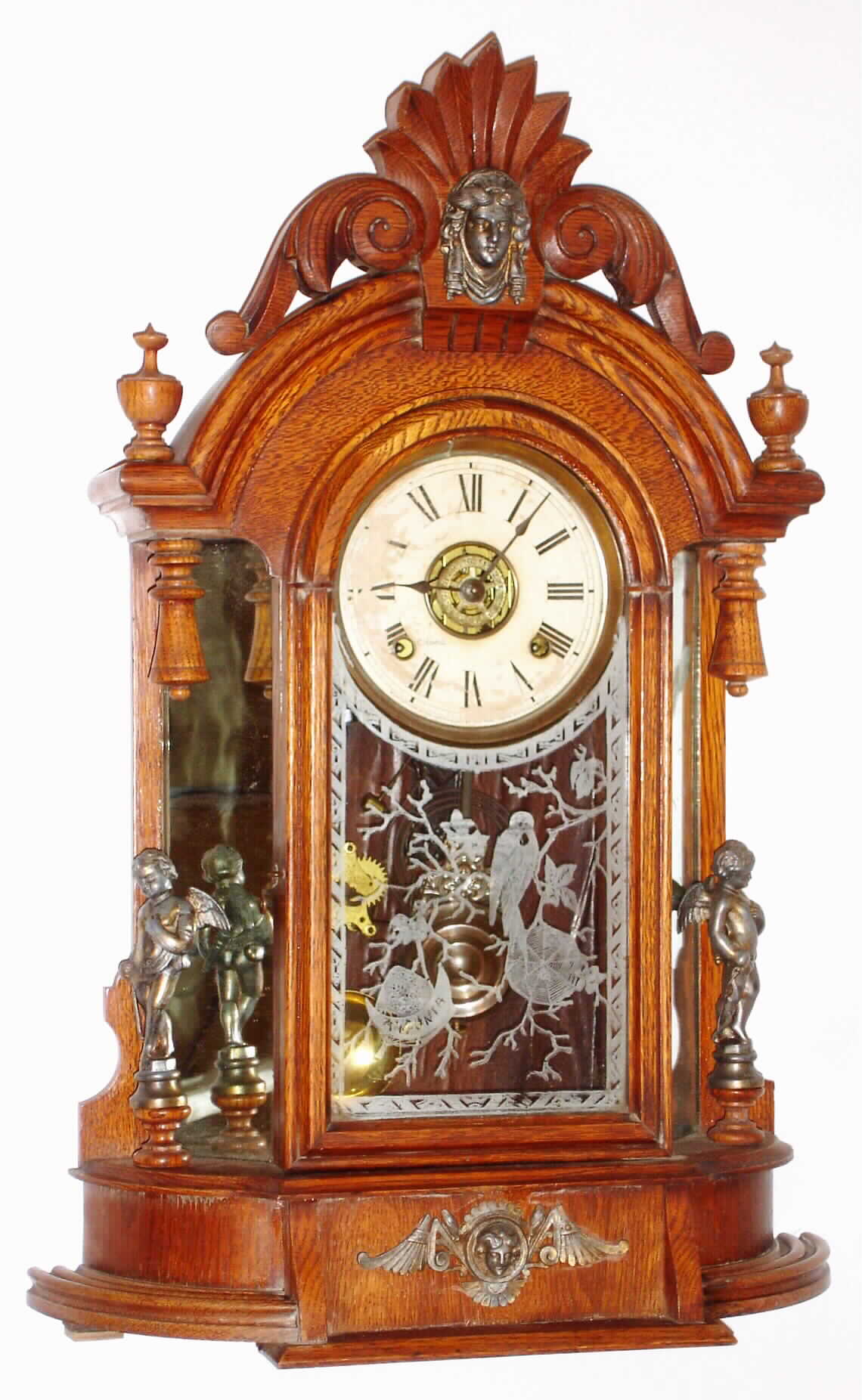 Ansonia Clock Co., New York, NY, "Triumph" oak mirror side time and strike parlor clock with alarm, c1880 — Antique Clocks Price Guide