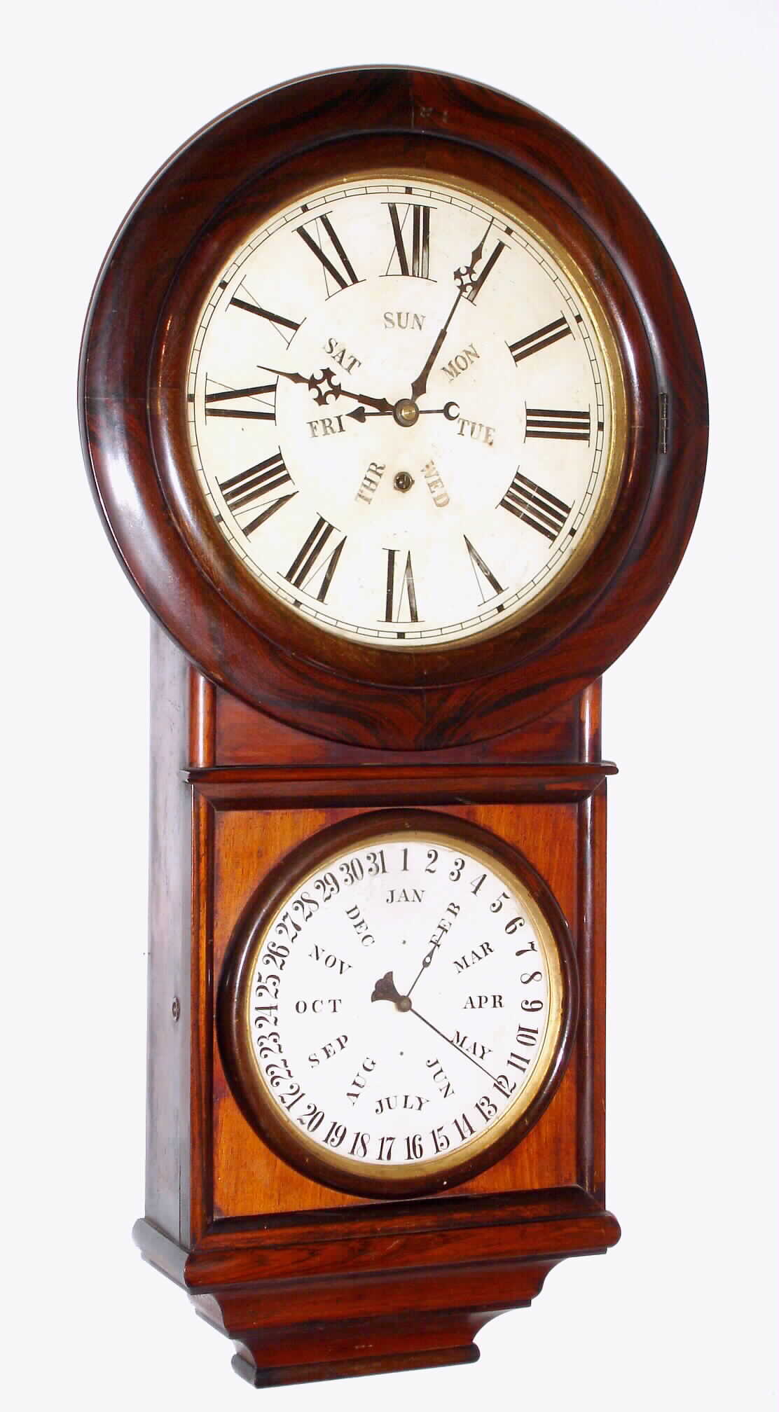 Welch, Spring, and Co., Forestville, Conn., "No. 4 Round Head Regulator" 8 day rosewood calendar time piece, c1878 — Antique Clocks Price Guide