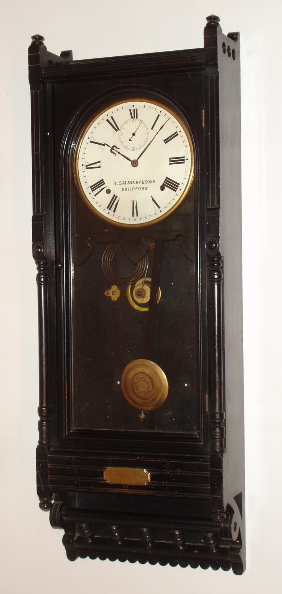 Seth Thomas Clock Co., Thomaston, Conn., "Queen Anne" ebonized 8 day, time and strike spring wound presentation wall clock, 1881 — Antique Clocks Price Guide