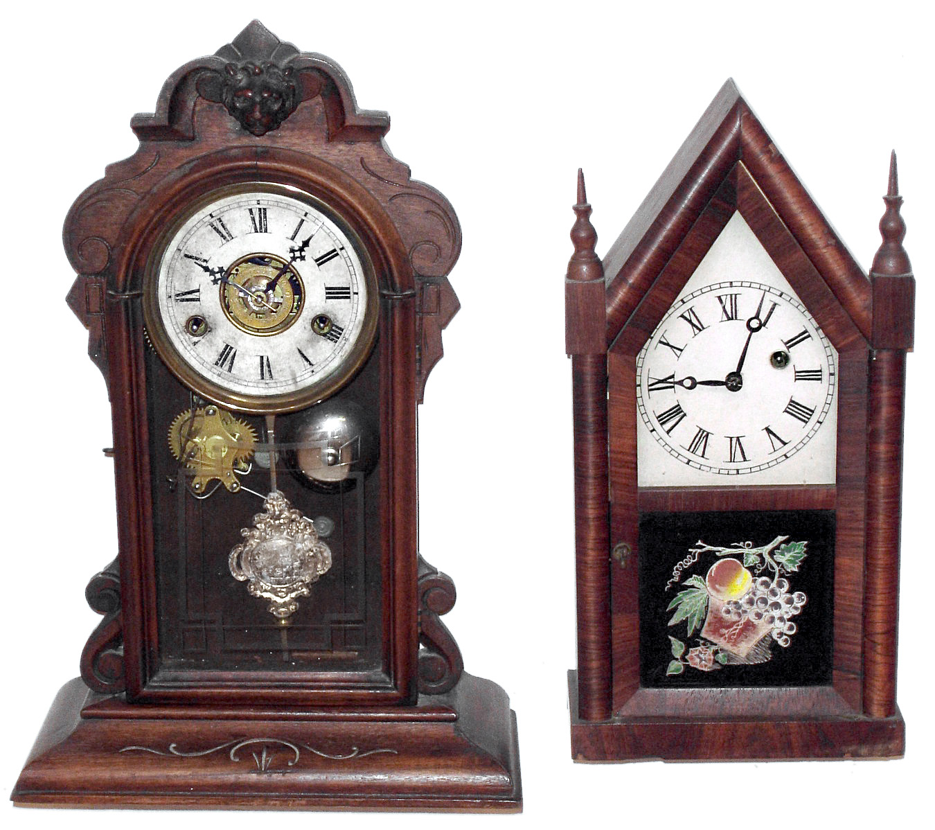 Clocks- 2 (Two) Connecticut small 30 hour mahogany shelf clocks, Jerome and Co (New Haven) parlor and Ansonia steeple, C.1870 — Antique Clocks Price Guide