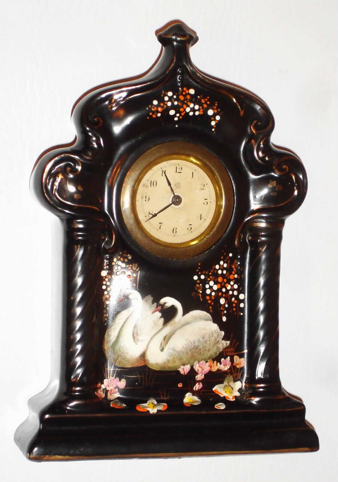 Waterbury Clock Co., Waterbury, Conn., English painted porcelain 30 hour novelty time piece, c1910 — Antique Clocks Price Guide