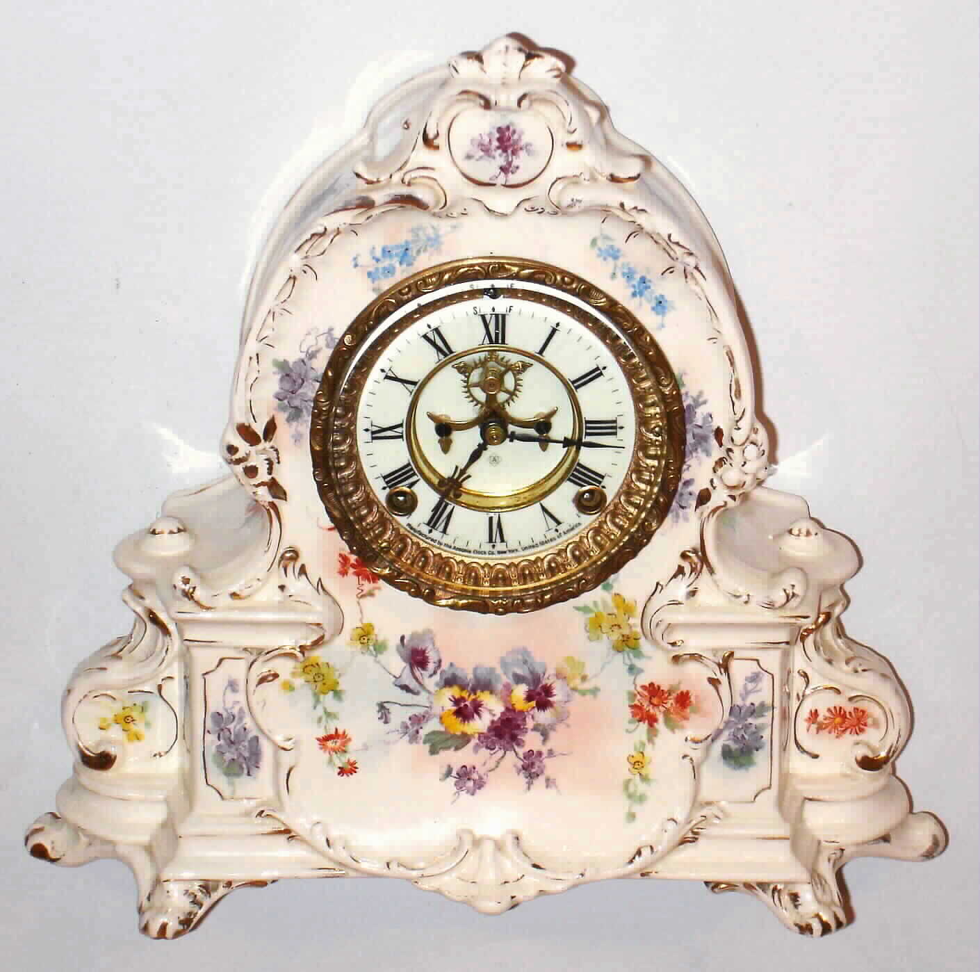 Ansonia Clock Co., New York, "La Manche" 8 day, time and strike Royal Bonn porcelain mantel clock, c1904 — Antique Clocks Price Guide