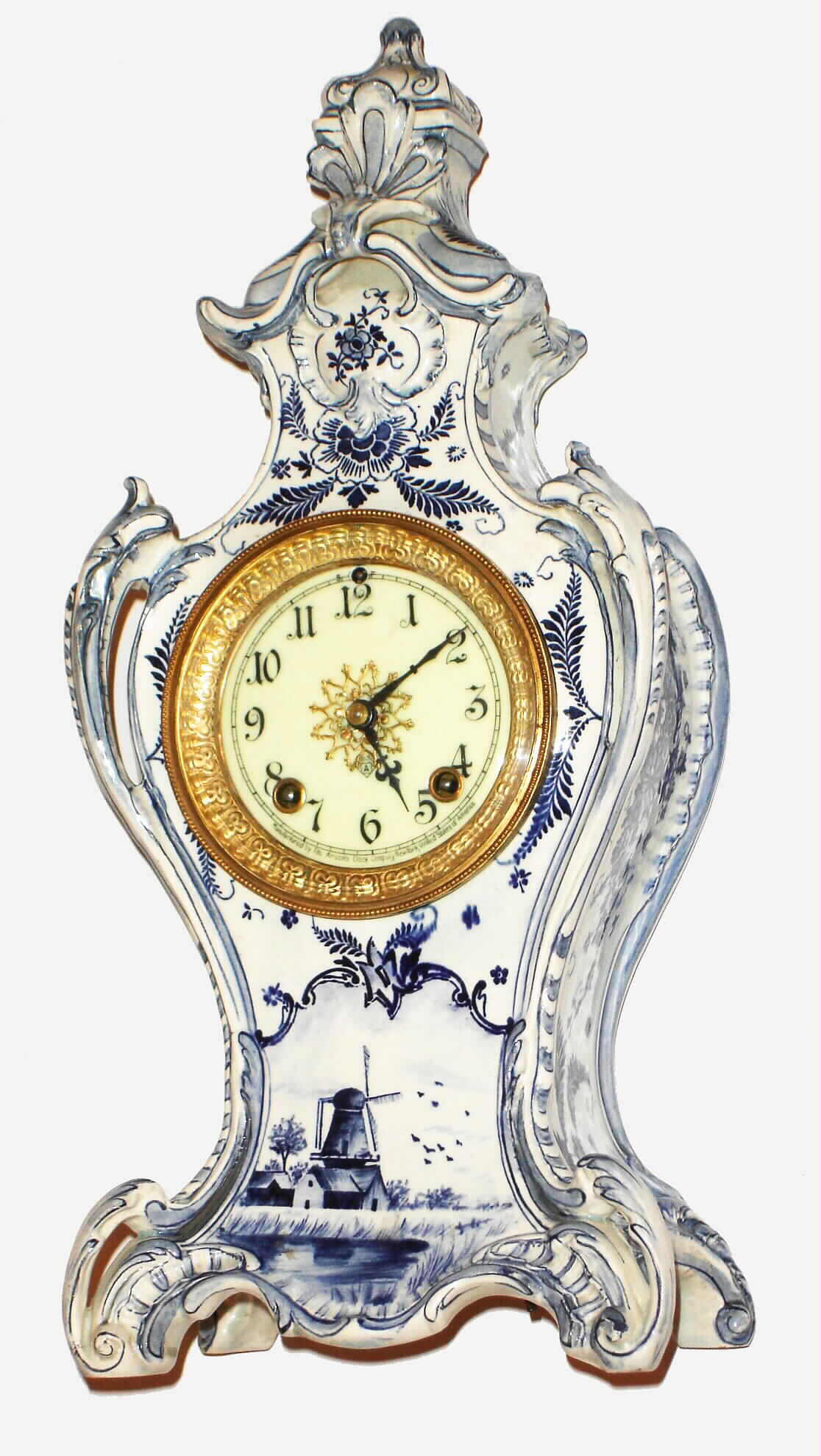 Ansonia Clock Co., New York, blue and white Delft style 8 day, time and strike Royal Bonn porcelain mantel clock, c1895 — Antique Clocks Price Guide