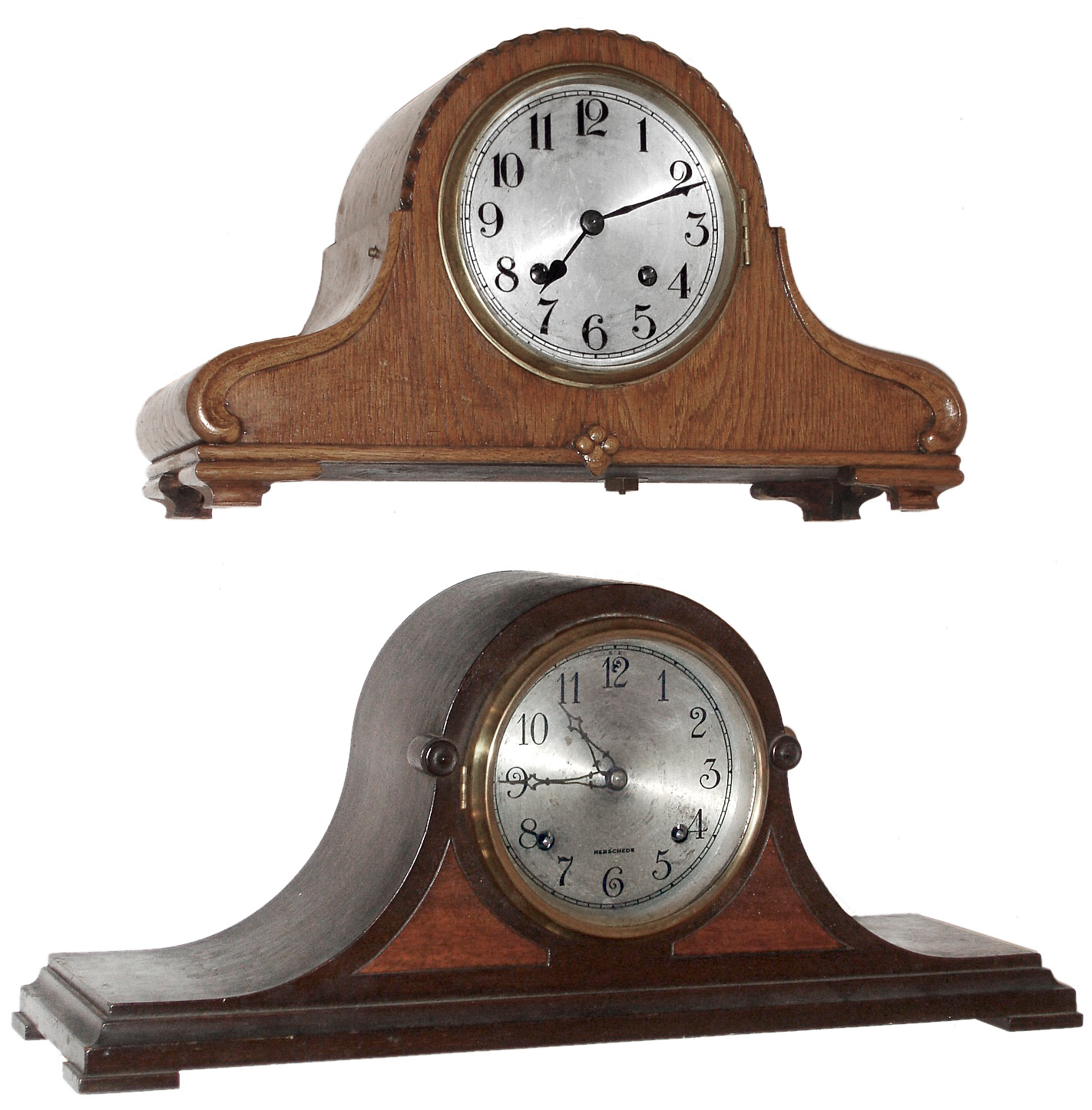 Clocks- 2 (Two) wood case 8 day, time and strike tambour mantel clocks: Herschede and W&amp;H; early 20th century — Antique Clocks Price Guide