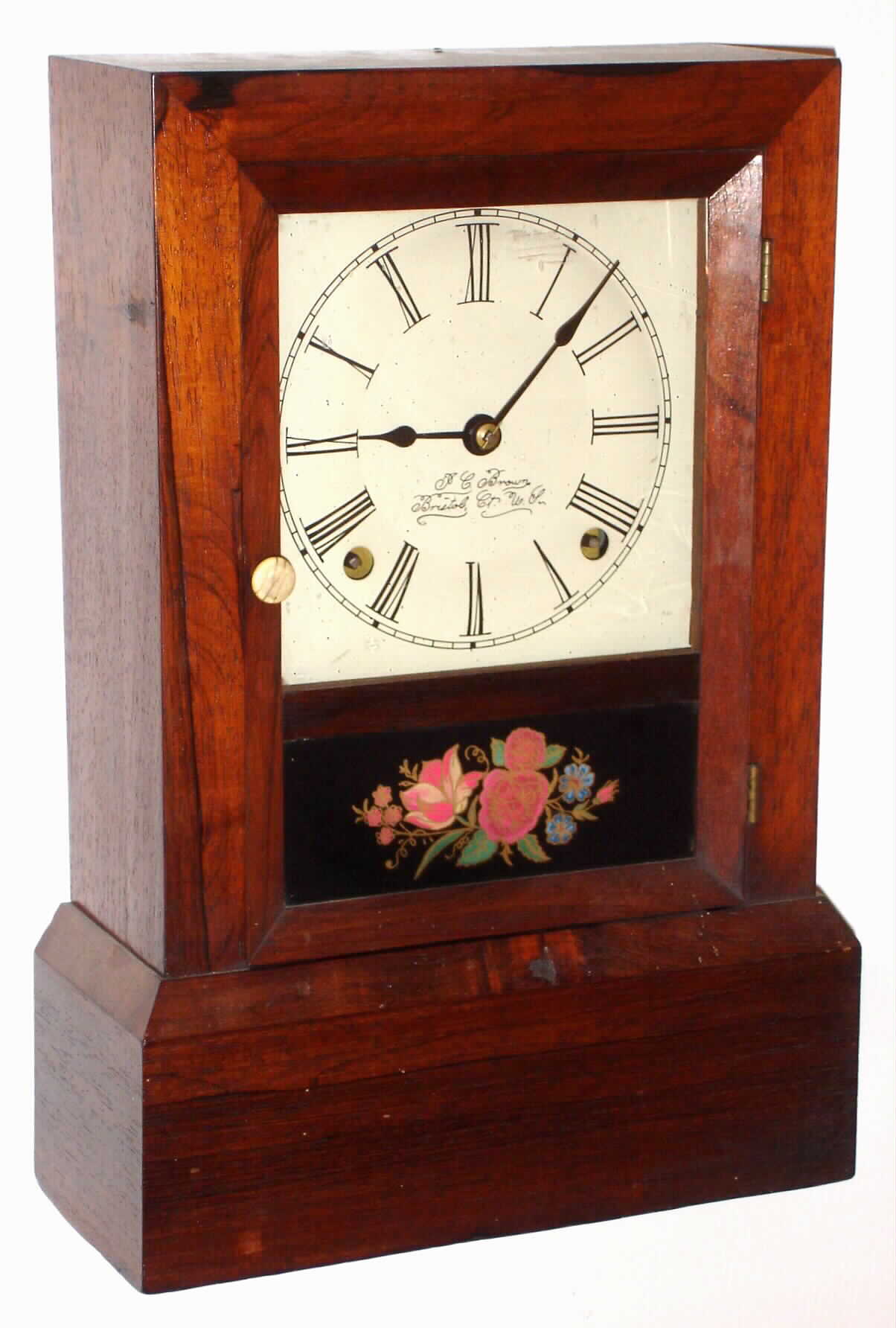 J.C. Brown, Bristol, Conn., mahogany 8 day, time and strike cottage clock, c1850 — Antique Clocks Price Guide