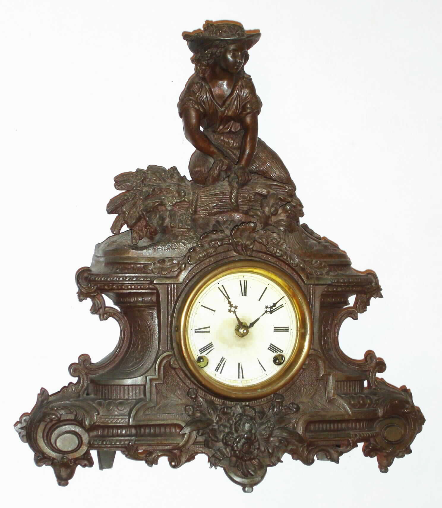 American Clock Co., New York, "Reaper" 8 day, time and strike cast metal figural mantel clock, c1880 — Antique Clocks Price Guide