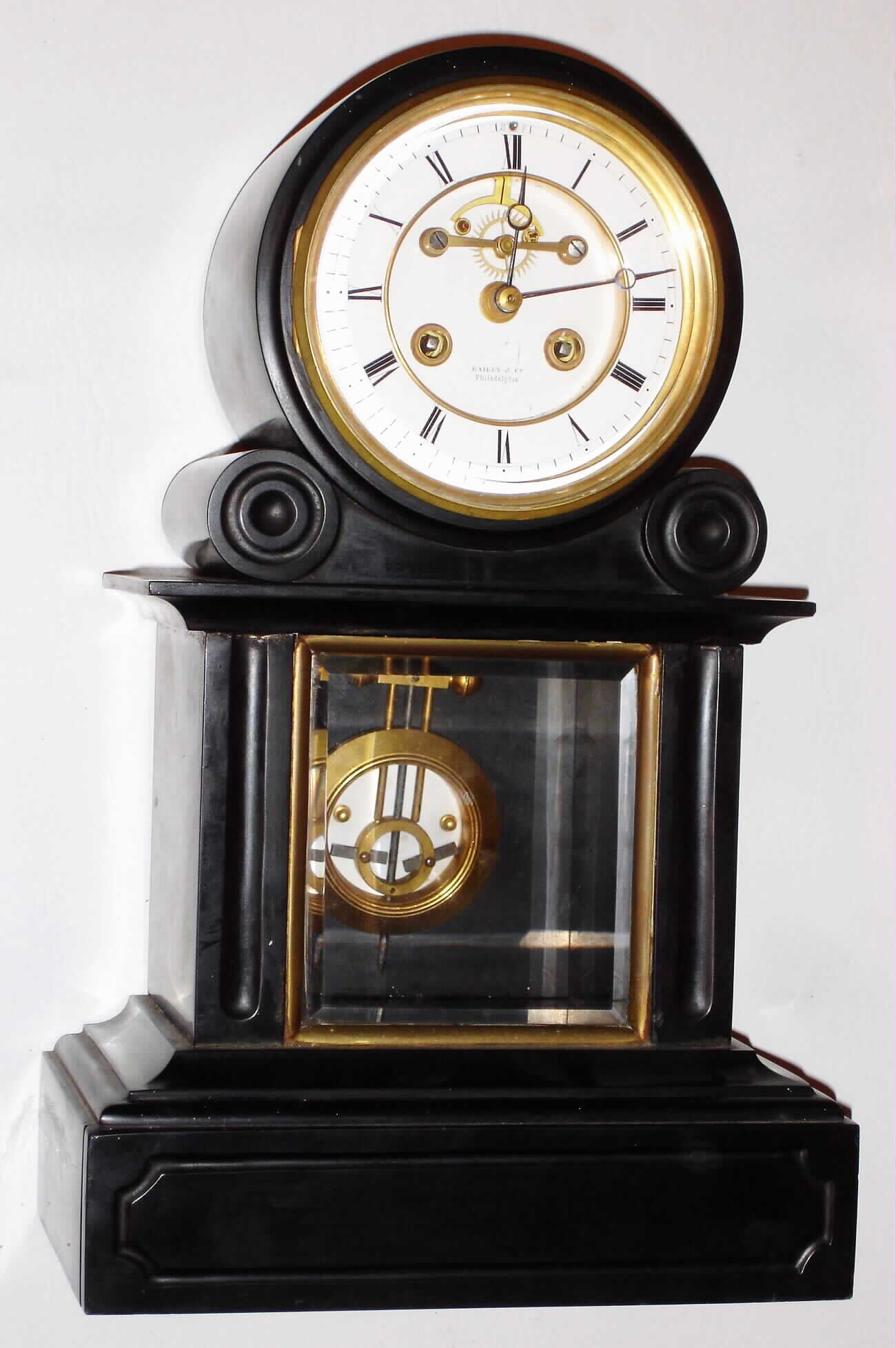 French black marble 8 day, time and strike mantel clock retailed by Bailey and Co., Philadelphia, c1870 — Antique Clocks Price Guide