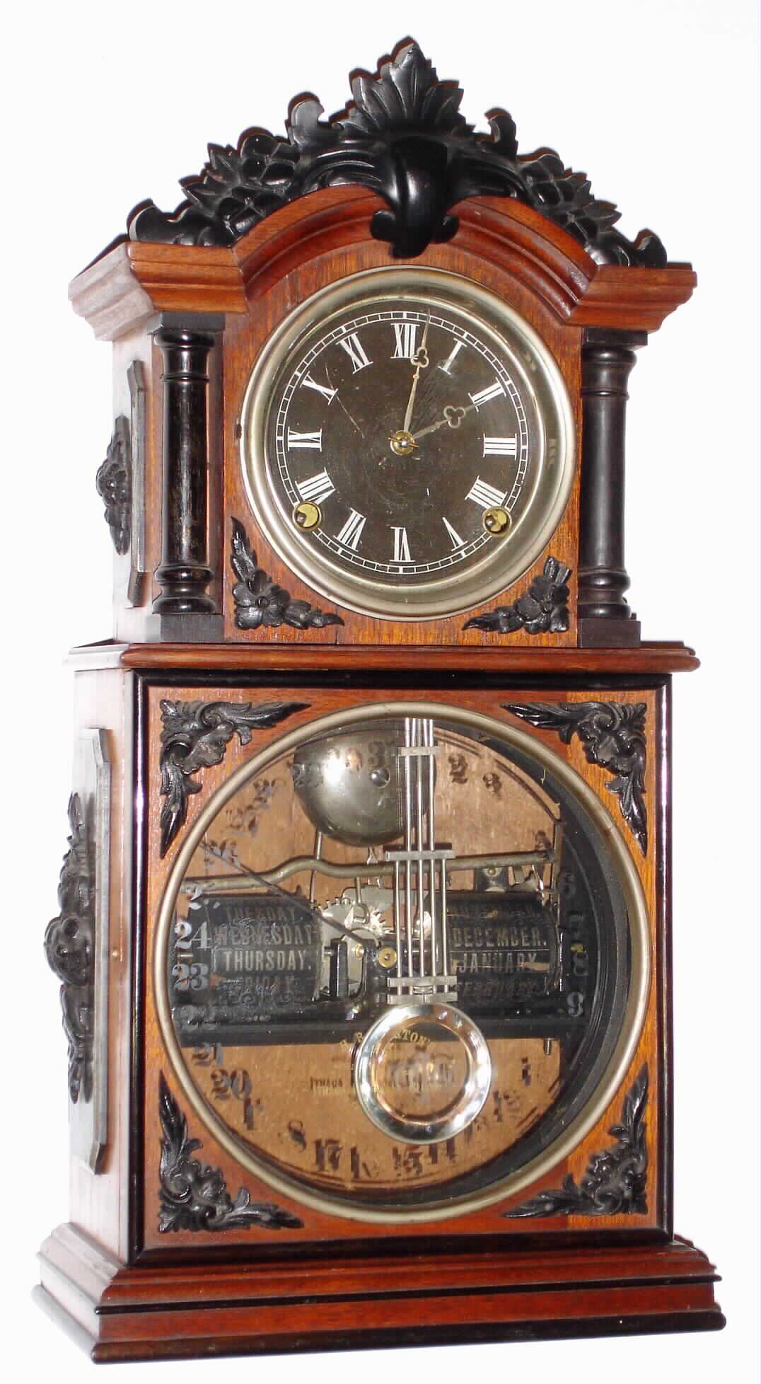 Ithaca Calendar Clock Co., Ithaca, NY, "No. 3 1/2 Parlor" walnut 8 day, time and strike black dial calendar shelf clock, c1881 — Antique Clocks Price Guide