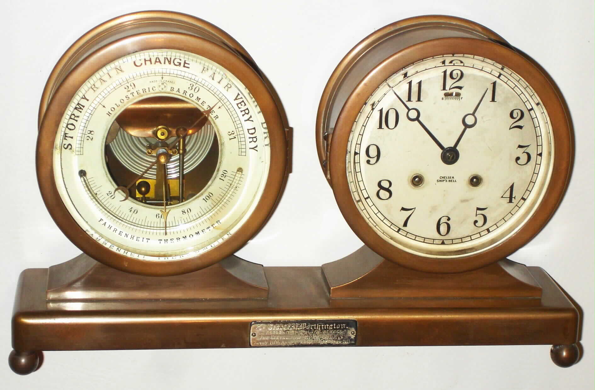 Chelsea Clock Co., Boston, Mass., Desk Set, bronze French barometer and 8 day ship's bells clock, 6" dials,1911 — Antique Clocks Price Guide