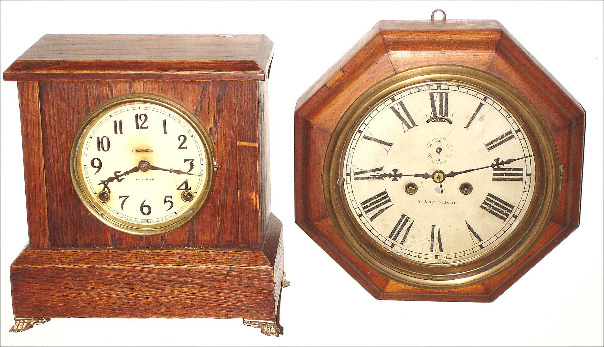 Clocks- 2 (Two) Connecticut wood 8 day clocks, Welch marine and Ingraham time and strike, c1890 — Antique Clocks Price Guide