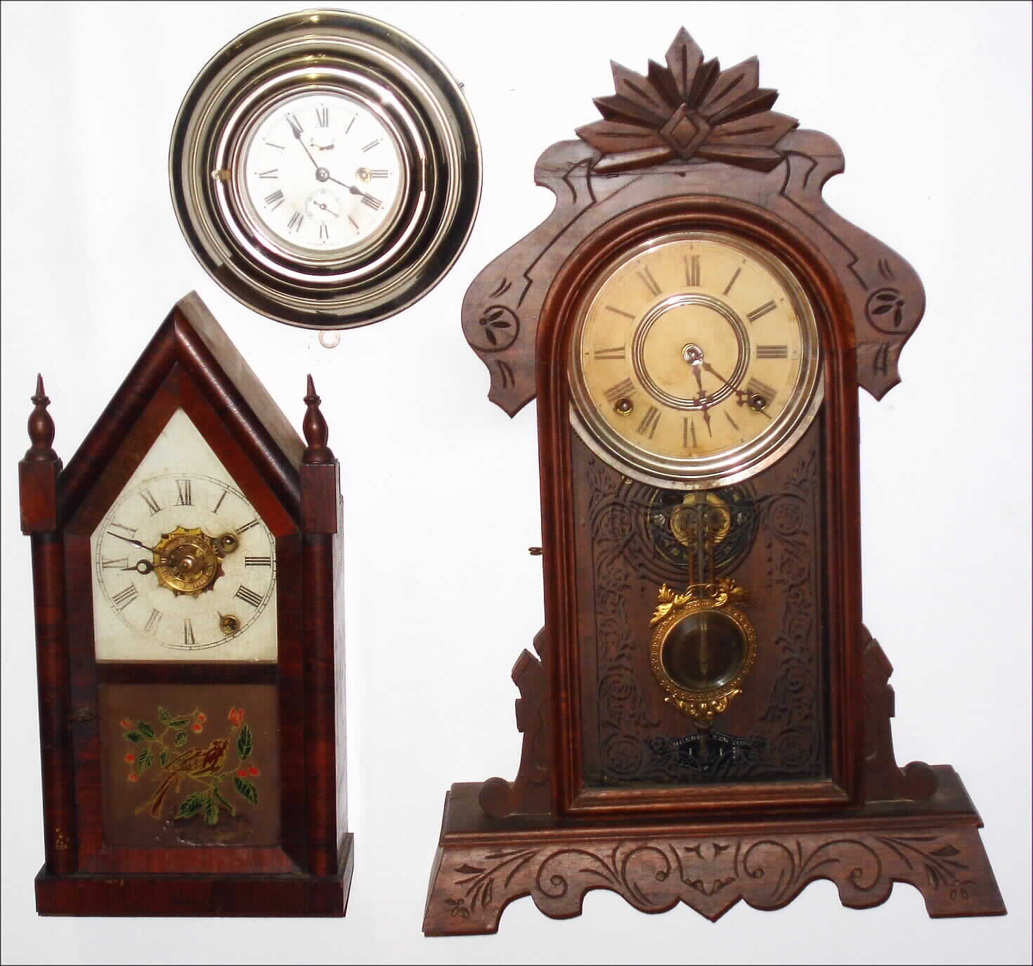 Clocks- 3 (Three) American clocks: Waterbury 30 hour "4 Inch Lever" nickel time piece; Ansonia Brass and Copper 30 hour time and alarm steeple; Kroeber "Tempest" walnut 8 day, time and strike; 19th century — Antique Clocks Price Guide