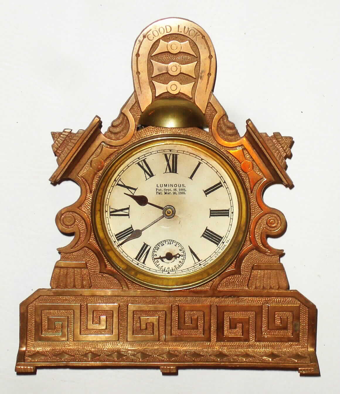 Terry Clock Co., Pittsfield, Mass., "GOOD LUCK", 30 hour cast metal alarm time piece, c1883 — Antique Clocks Price Guide