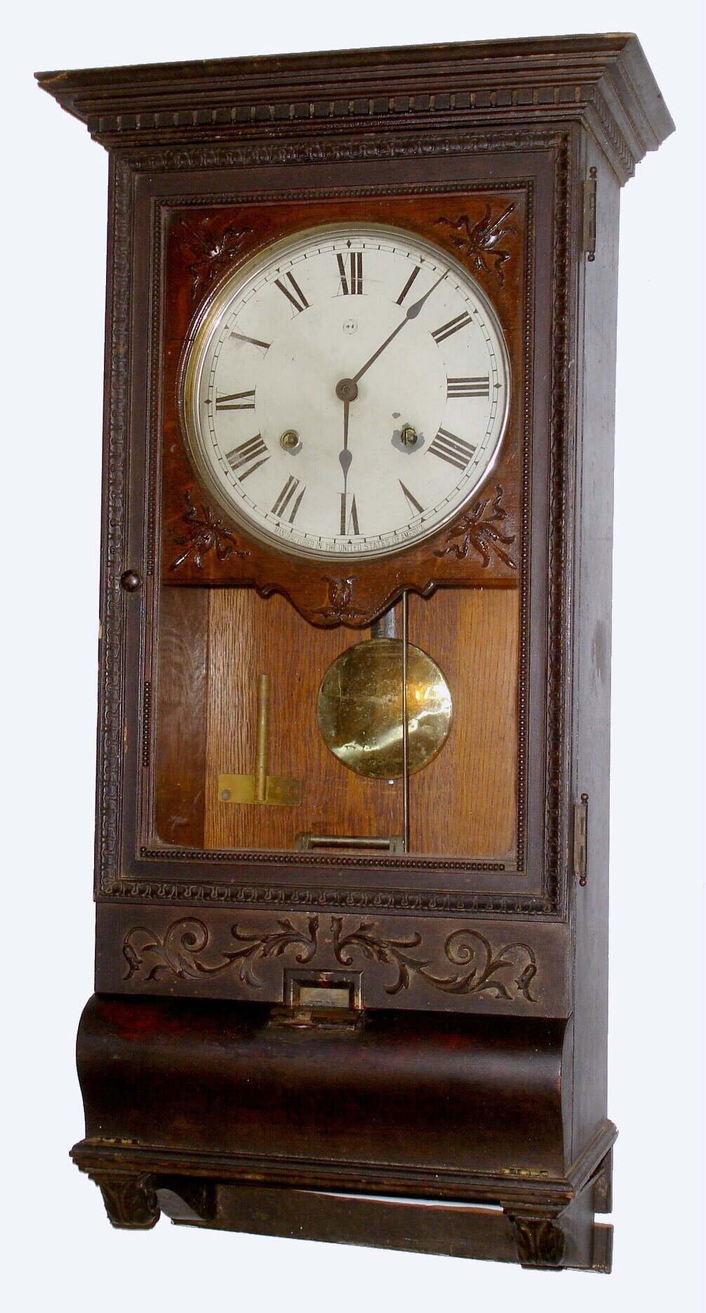 Seth Thomas Clock Co., Thomaston, Conn., 8 day oak hanging punch clock, c1900 — Antique Clocks Price Guide