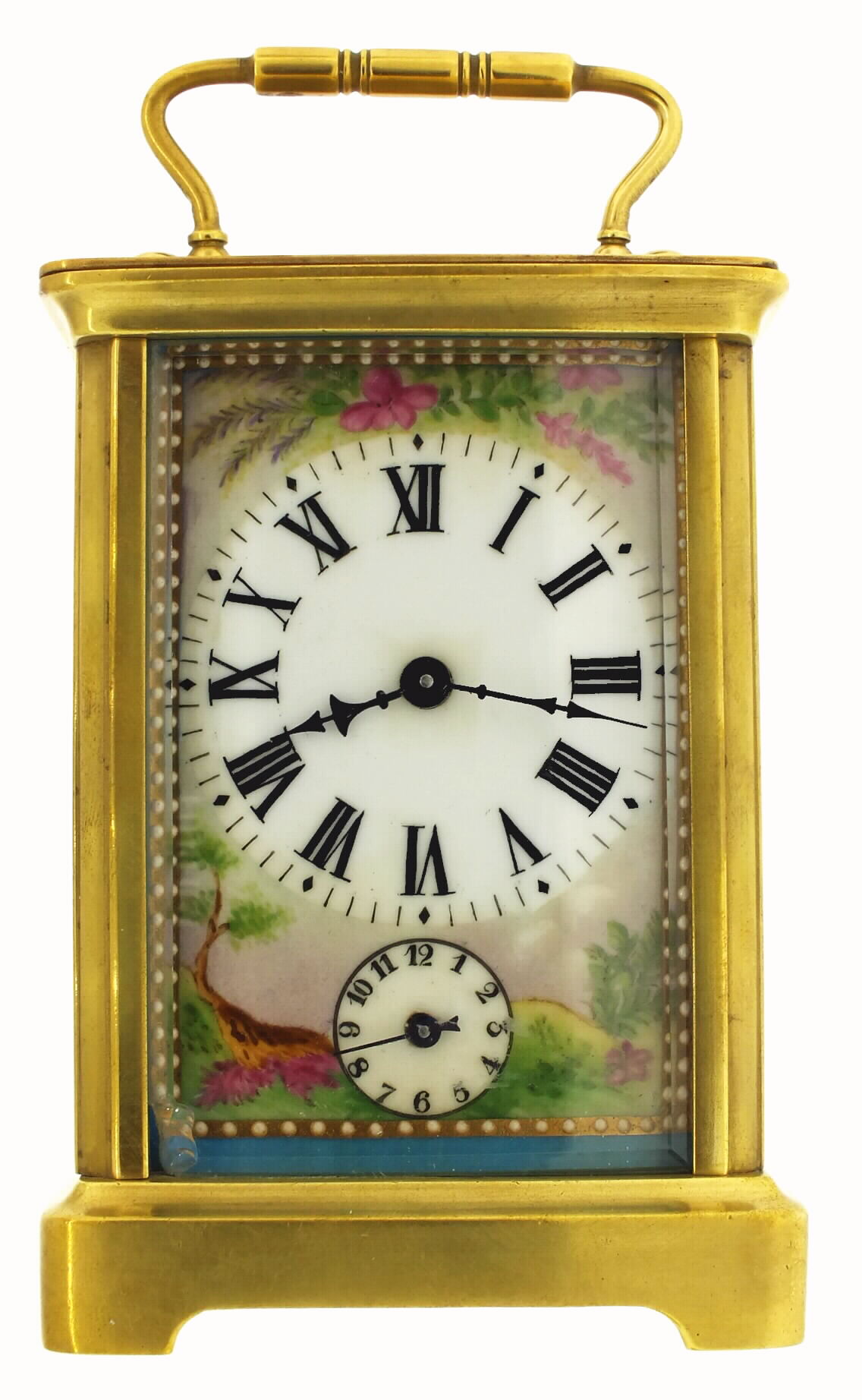 French carriage clock, polished brass Corniche case with porcelain panels, very colorful overglaze enamel decoration featuring landscapes with birds, rectangular beveled glass in top for viewing escapement, spring powered eight day time and alarm movement with cylinder platform, alarm bell in base, Roman numeral time dial, Arabic alarm, with beveled glass front, c1910 — Antique Clocks Price Guide