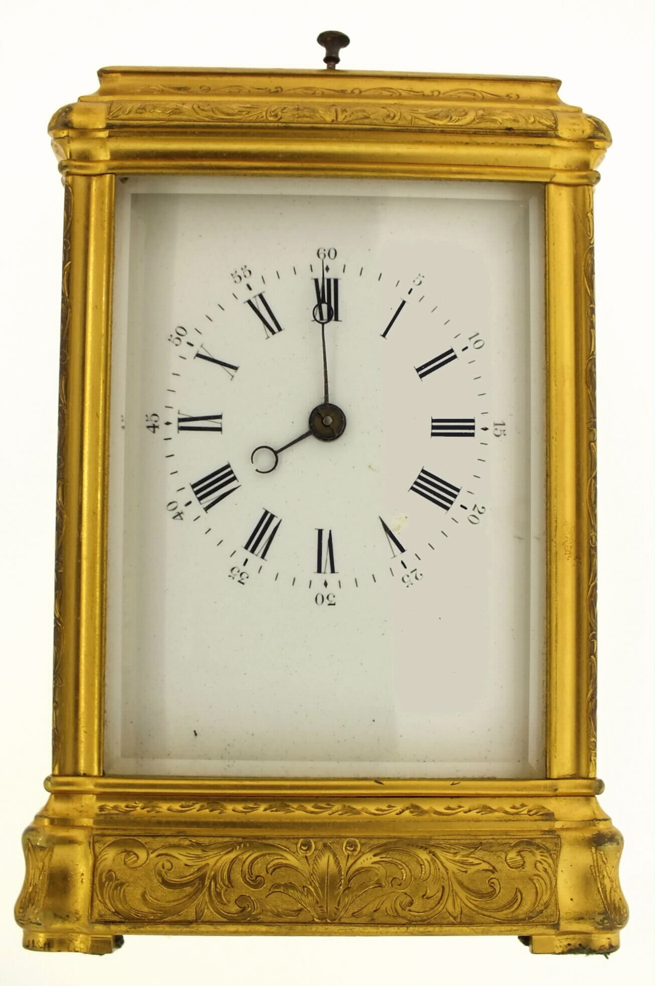 French carriage clock in a gilt Gorge case with foliate engraving, polychrome enamel scenes on copper panels showing rural landscapes which include people and buildings, beveled glass front and top for viewing the escapement, spring powered eight day, two train movement, striking the hours and half hours on a gong, repeating the hour on demand, Roman numeral white enamel dial with Arabic 5 minute markers, blued steel Breguet hands, c1870 — Antique Clocks Price Guide