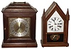 Clocks- 2 (Two) reproduction 8 day wood case mantel clocks, Ansonia steeple, German chiming bracket, late 20th century