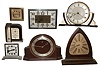 Clocks- 7 (Seven) Deco items including 5 wind-up clocks, an Airguide weather station and a wood Waltham case, first half 20th century