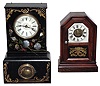 Clocks- 2 (Two) Connecticut shelf models: Atkins rosewood time/alarm 30 hour cottage; unsigned iron-front time and strike 8 day, c1850