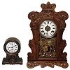 Clocks- 2 (Two) American mantels: Seth Thomas 30 hour bronze finish cast metal "Long Alarm"; and Ansonia "Aspen" oak 8 day, time and strike gingerbread; c1906