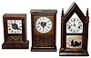 Clocks- 3 (Three): Connecticut small 30 hour wood shelf models: Ansonia cottage; Atkins box; Jerome steeple, mid 1800's