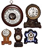 Clocks- 4 (Four) Small American: Seth Thomas, Waltham, Ansonia; and a German, Herm. Scheyhing, wood case barometer, early 20th century