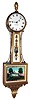 Elmer O. Stennes, Weymouth, Mass., "Gold Front Presentation Banjo" wall clock, 8 day, time only, weight driven movement in a mahogany case with gold leaf rope banded front, reverse painted throat and lower tablets by artist Melinda Ahola and painted metal dial, dated 1969, #50 and stamped "M.C.I.P."