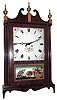 Elmer O. Stennes, Weymouth, Mass., "Pillar and Scroll", 8 day, time and bim bam strike, spring driven movement in a mahogany case with bird's eye maple highlights, reverse painted lower tablet and painted metal dial, c1965